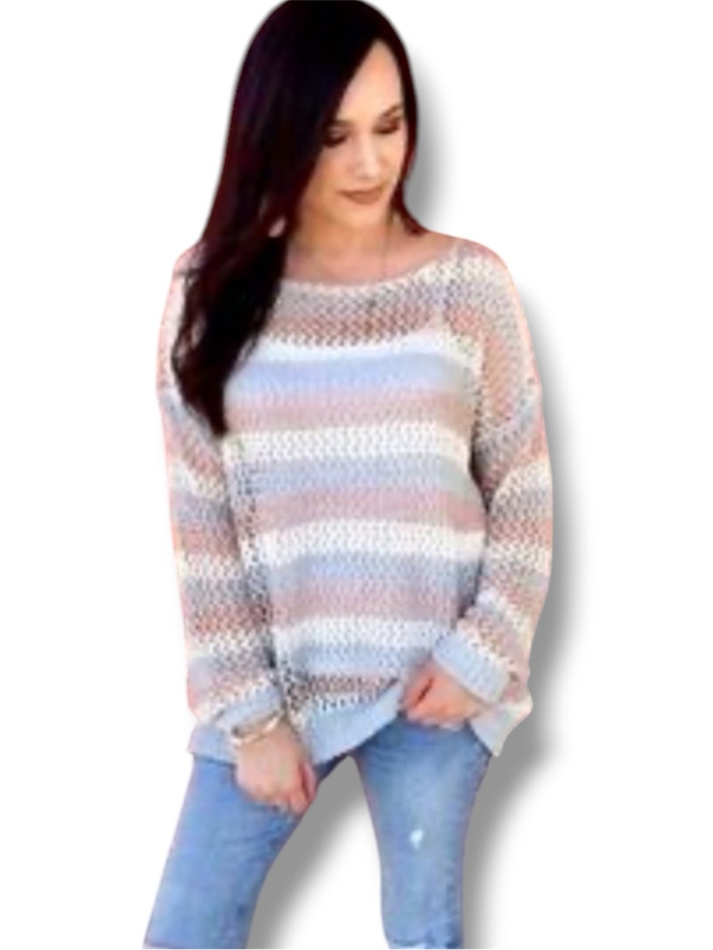 O&O Cozy Cream and Gray Loose open Knit Striped long sleeves casual Sweater